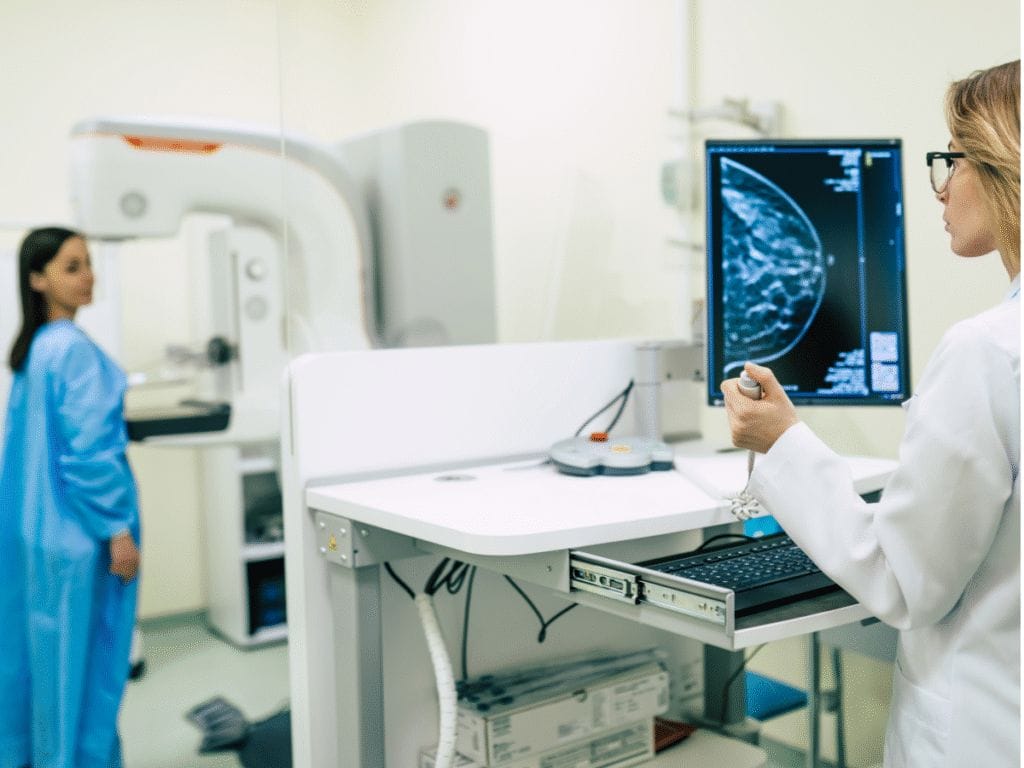 patient getting ready for her mammogram in the hospital