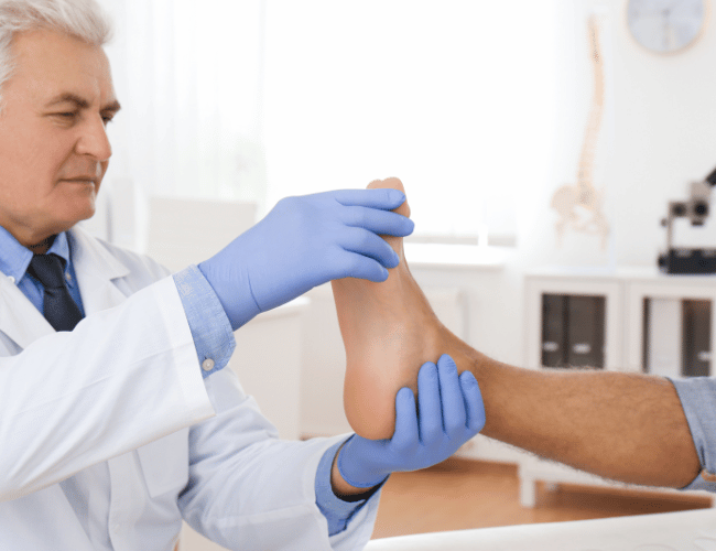 Podiatrist checking the foot of a patient after bunion surgery
