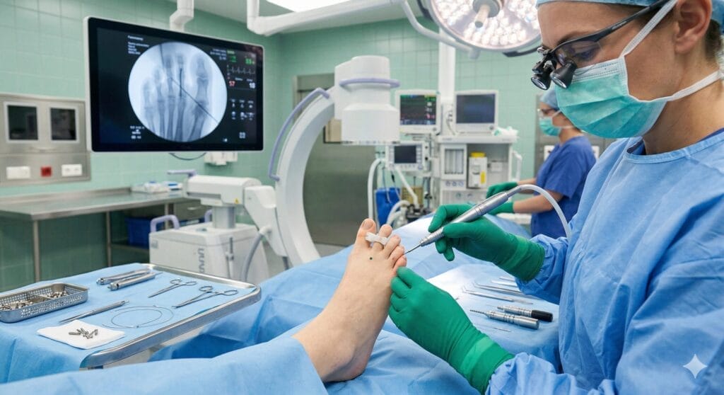Podiatrist performing MIS Toe surgery In Operating room