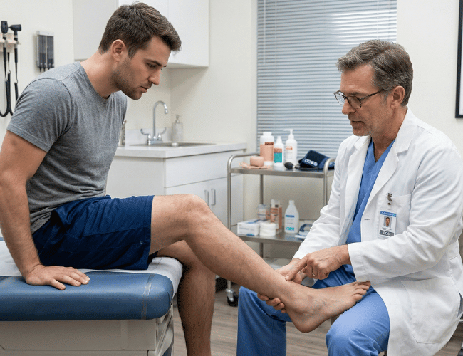 Podiatrist checking patients ankle