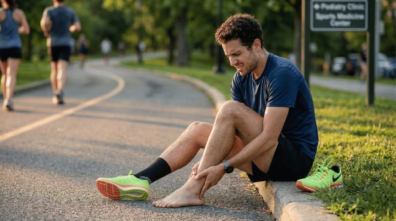 a runner sitting on a sidewalk due to injury