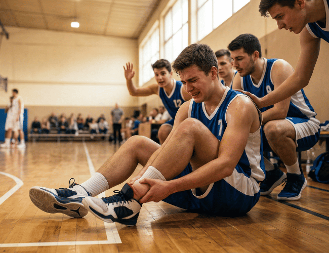 a man sitting in a sports court with an ankle injury