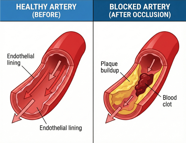 A diagram showing healthy artery vs blocked artery
