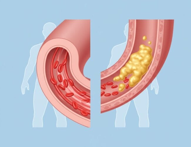 Medical illustration (healthy vs. blocked artery)